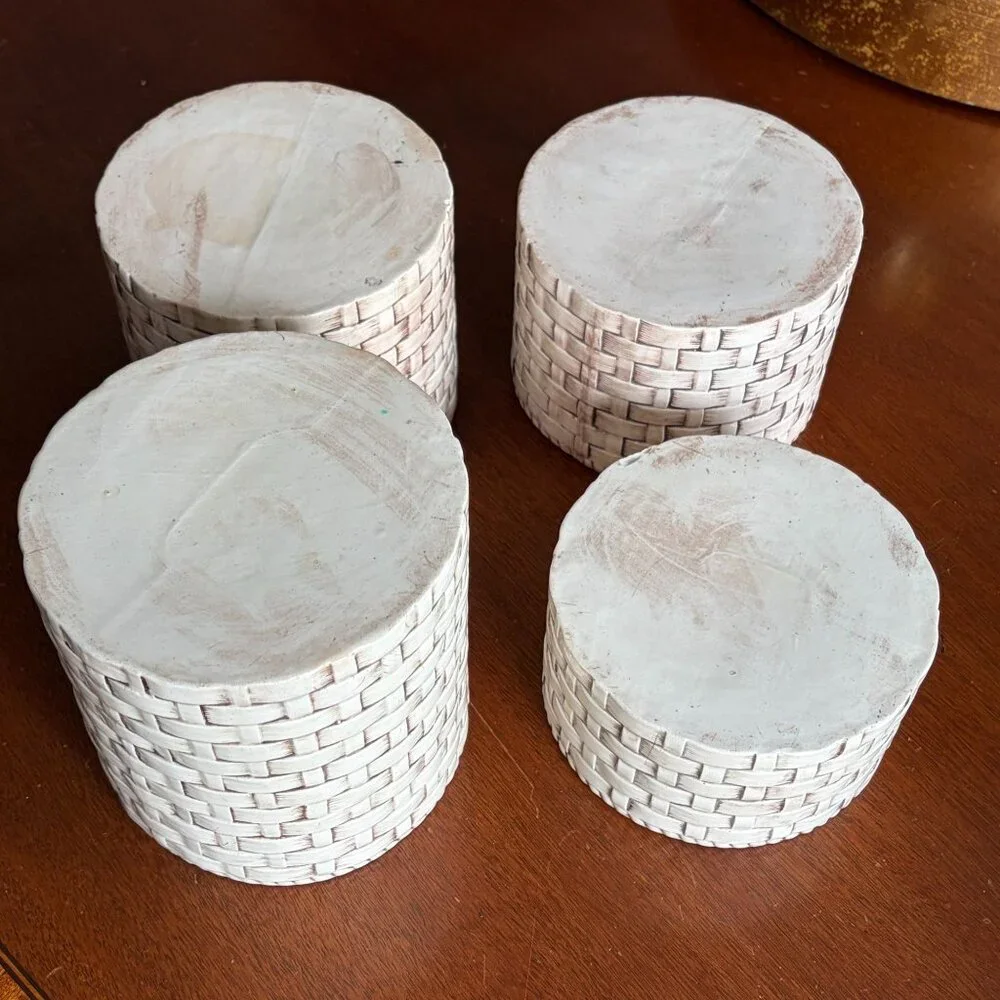 Vintage Set of 4 Faux Basket Weave Ceramic Planters Cachepots Farmhouse Rustic - Picture 10 of 11